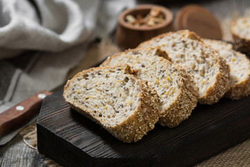 Bread on a wooden table. Rustic style