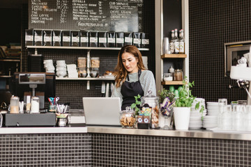 Barista using laptop at cafe counter