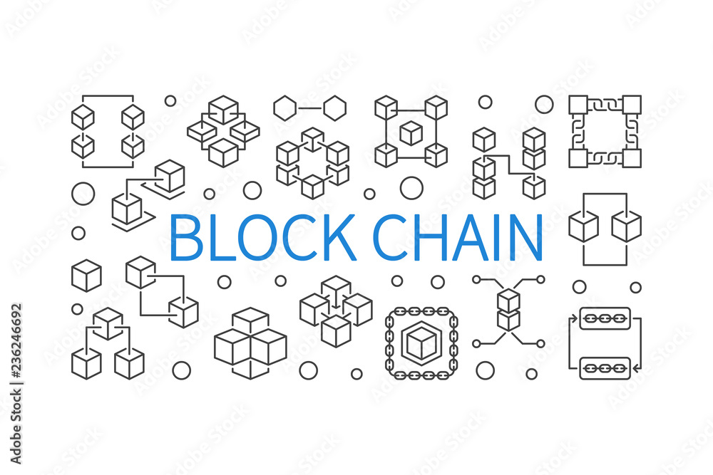 Poster block chain vector concept outline horizontal illustration. blockchain banner in thin line style