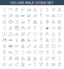male icons. Set of 100 line male icons included pants, WC, bust, cow, tie, push up, metal gate detector, female on white background. Editable male icons for web, mobile and infographics.