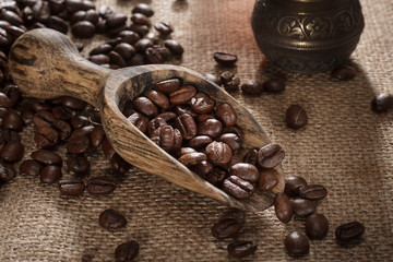 Coffee beans on wicker ground