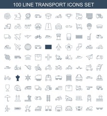 transport icons. Set of 100 line transport icons included cargo wagon, concrete mixer, trailer, car, tractor on white background. Editable transport icons for web, mobile and infographics.