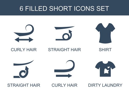 short icons. Set of 6 filled short icons included curly hair, straight hair, shirt, dirty laundry on white background. Editable short icons for web, mobile and infographics.