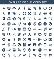 circle icons. Set of 100 filled circle icons included sponge, atom, ring, gear, temperature, structure, man holding globe on white background. Editable circle icons for web, mobile and infographics.