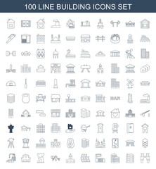 building icons. Set of 100 line building icons included arch, business center, modern curved building, castle on white background. Editable building icons for web, mobile and infographics.