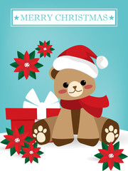 A bear wearing Santa hat sitting on snowy ground with red gift box and Poinsettia flower on blue background with Merry Christmas text and stars. Cute Christmas cartoon character design