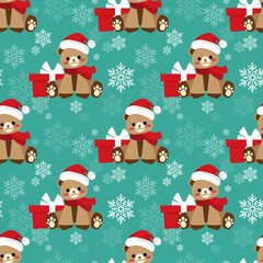 Seamless pattern of cute bear wearing Santa hat with red gift box and snowflakes on green background. Cute Christmas cartoon character design for winter holidays season greeting wrapping papers etc.