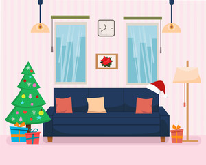 Christmas Home interior with tree, gifts, furniture and sofa, bookshelf, lamp. Flat cartoon style vector illustration