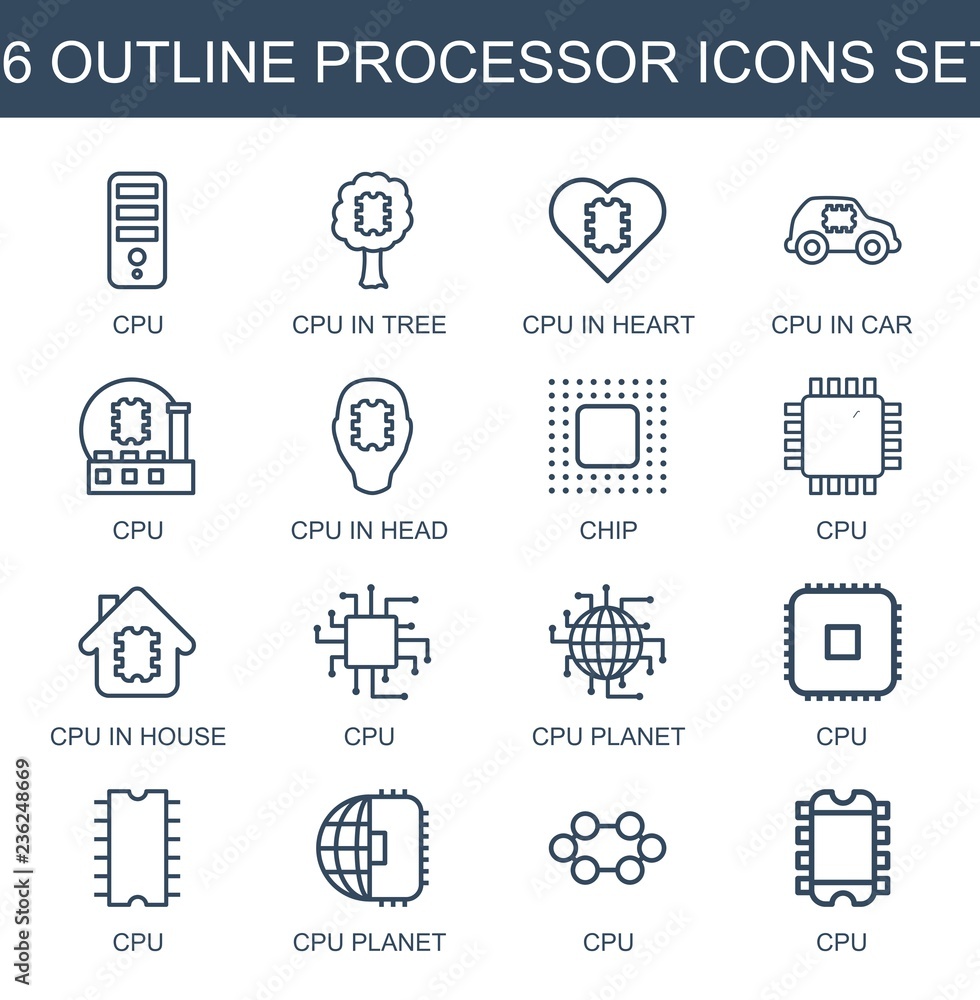 Poster processor icons. set of 16 outline processor icons included cpu, cpu in tree, cpu in heart, cpu in c