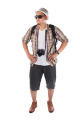 Fototapeta na wymiar Traveling People Isolated on White. Male Backpacker Tourist, Smiling Happy Gesture