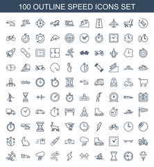 speed icons. Set of 100 outline speed icons included parachute, clock, hourglass, skiing, crossed flags, flash on white background. Editable speed icons for web, mobile and infographics.