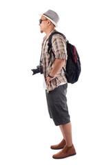 Traveling People Isolated on White. Male Backpacker Tourist, Smiling Happy Gesture