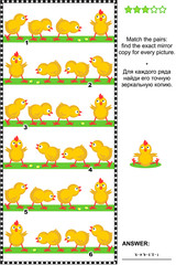 Fototapeta premium Visual logic puzzle: Match the pairs - find the exact mirror copy for every picture - row of chicks. Answer included. 