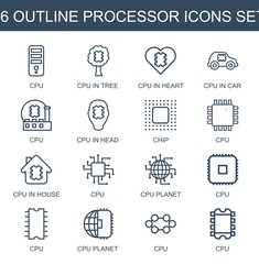 processor icons. Set of 16 outline processor icons included CPU, CPU in tree, CPU in heart, CPU in car on white background. Editable processor icons for web, mobile and infographics.