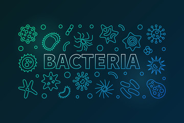 Obraz na płótnie Canvas Bacteria vector virology and microbiology concept colorful horizontal illustration or banner in thin line style on dark background