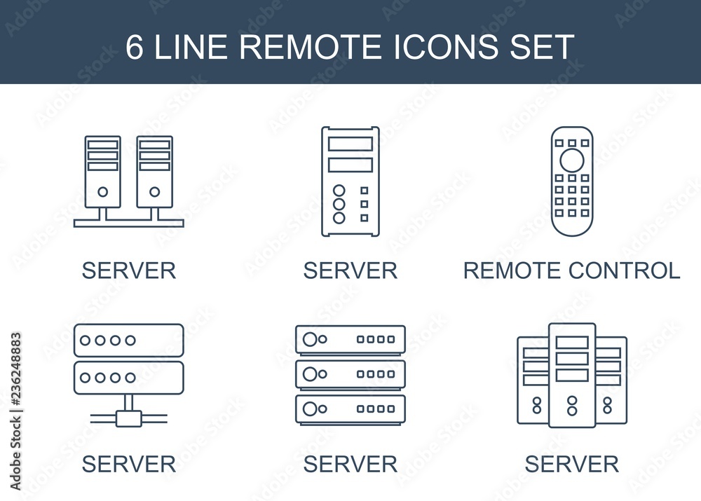Aufkleber remote icons. set of 6 line remote icons included server, remote control on white background. editab
