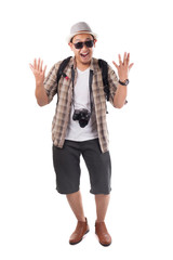 Traveling People Isolated on White. Male Backpacker Tourist Happy Winning Gesture