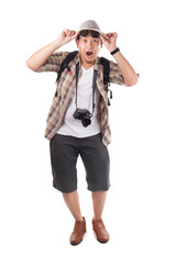 Traveling People Isolated on White. Male Backpacker Tourist Happy Winning Gesture