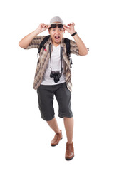 Traveling People Isolated on White. Male Backpacker Tourist Happy Winning Gesture