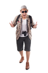 Traveling People Isolated on White. Male Backpacker Tourist Happy Winning Gesture