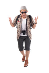 Traveling People Isolated on White. Male Backpacker Tourist Happy Winning Gesture