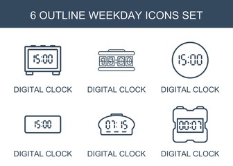 weekday icons. Set of 6 outline weekday icons included digital clock on white background. Editable weekday icons for web, mobile and infographics.