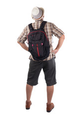 Traveling People Isolated on White. Male Backpacker Tourist. Rear View