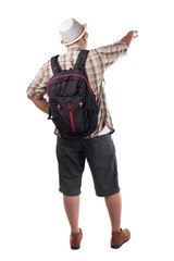 Traveling People Isolated on White. Male Backpacker Tourist. Rear View