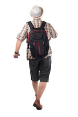 Traveling People Isolated on White. Male Backpacker Tourist Walking Forward, Rear View
