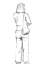 Hand-paint sketch by markers. Waiting woman  with a shoulder bag sketch from the back