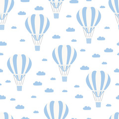Naklejka premium Hot air balloon with cloud seamless pattern. Vintage children illustration. Cute print and wallpaper vector design.