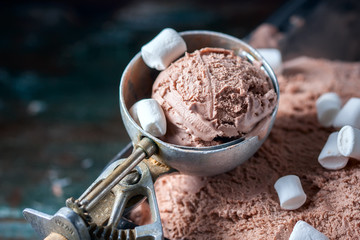 Homemade chocolate ice cream with marshmallow on rustic wooden background
