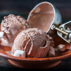 Homemade chocolate ice cream with marshmallow on rustic wooden background