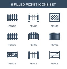 picket icons. Set of 9 filled picket icons included fence on white background. Editable picket icons for web, mobile and infographics.