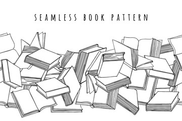 Book pattern. Seamless horizontal texture with open and closed books. Hand drawn vector illustration. - 236250224