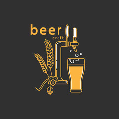 Vector symbol in modern line style with beer tap, hop, wheat and beer glass. Isolated elements on a dark background. Brewery logo, craft beer label, alcohol shop, pub icon. - 236250272