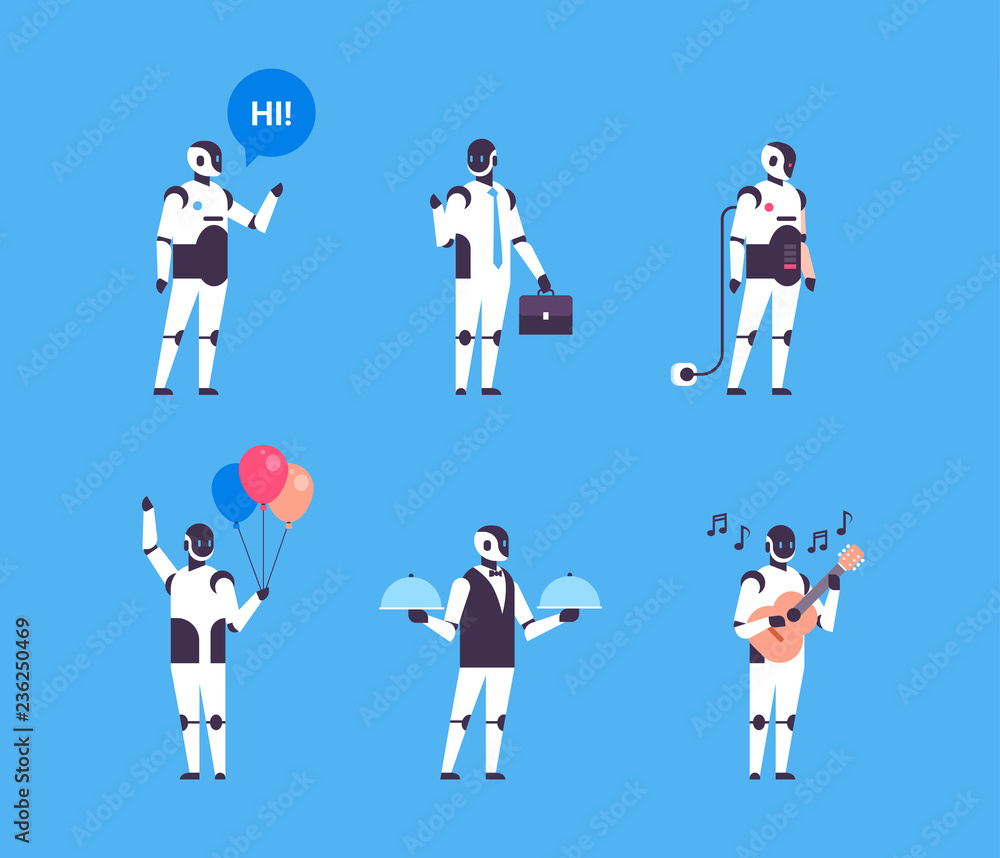 Poster set bot helper robot personal assistant diversity professions communication collection robot charact