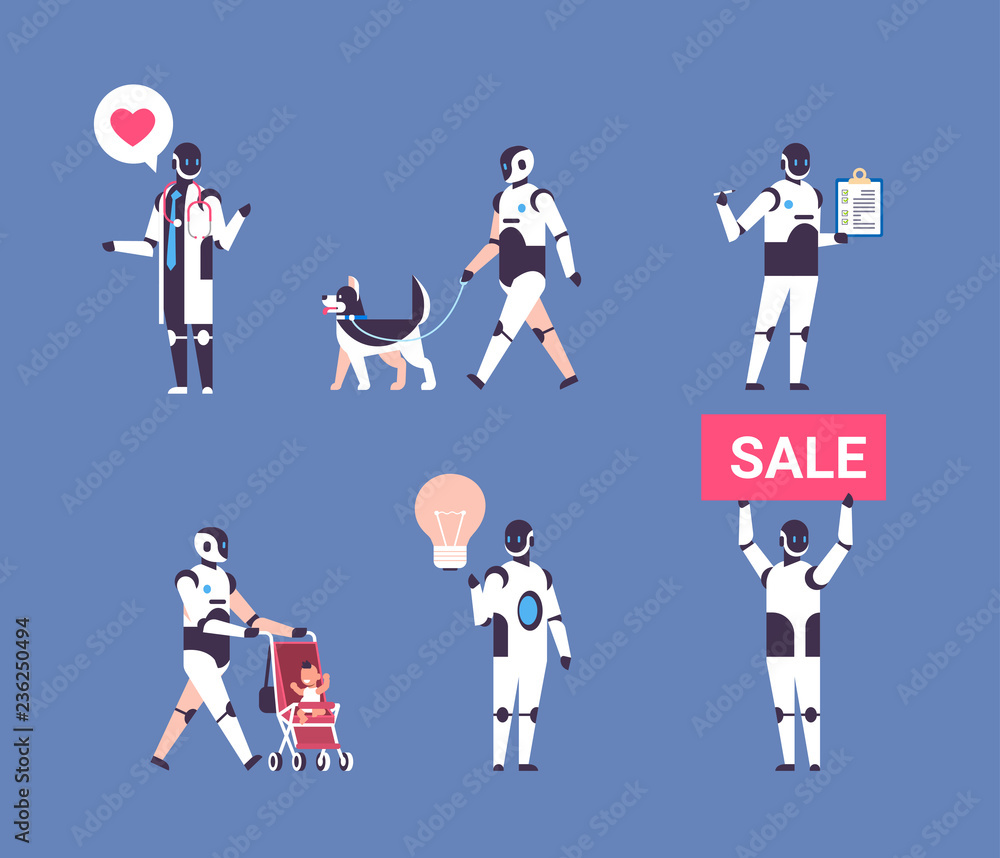 Poster set bot helper robot personal assistant diversity professions communication collection robot charact