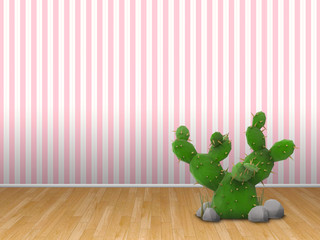 3d illustration interior rendering of pink striped wallpaper and wooden floor with cactus