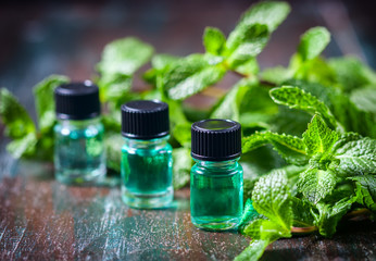 Essential oil of peppermint in small bottles, fresh green mint on wooden background