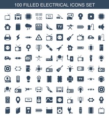 electrical icons. Set of 100 filled electrical icons included TV, cpu, battery, plug, speaker, CPU, washing machine on white background. Editable electrical icons for web, mobile and infographics.