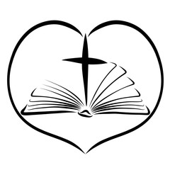 Open bible and cross in a heart shaped frame, black pattern
