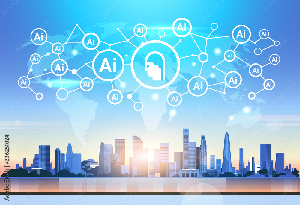 Poster world map ai logo icon network futuristic interface artificial intelligence connection concept skyli