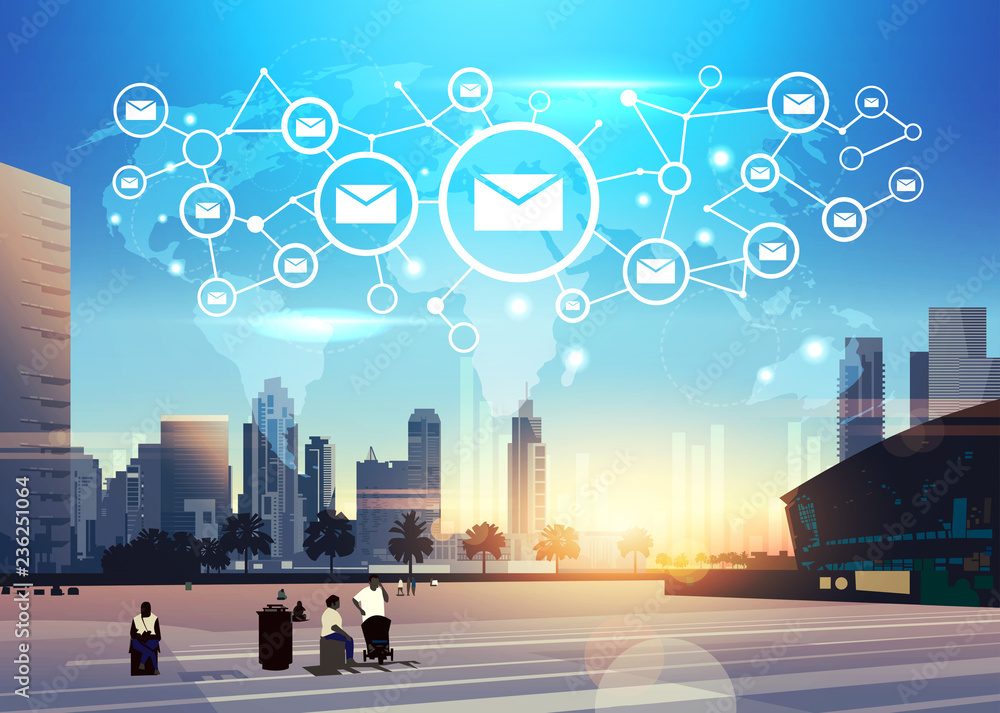 Poster people world map chat envelope icon network futuristic interface online email message communication 
