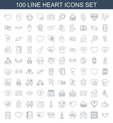heart icons. Set of 100 line heart icons included heart with wings, photo with heart, love letter, heartbeat on white background. Editable heart icons for web, mobile and infographics.