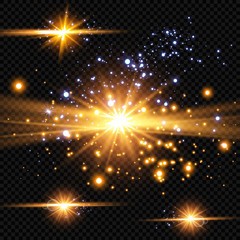 Obraz premium Vector illustration of abstract flare light rays. A set of stars, light and radiance, rays and brightness. Glow light effect. Vector illustration. Christmas flash Concept.