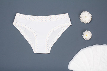 Beautiful women's panties with a sanitary napkins on gray background.
