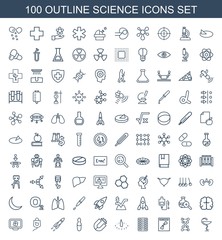 science icons. Set of 100 outline science icons included medicine, dna, x ray, pill, sundial, magnet, medical ampoule on white background. Editable science icons for web, mobile and infographics.
