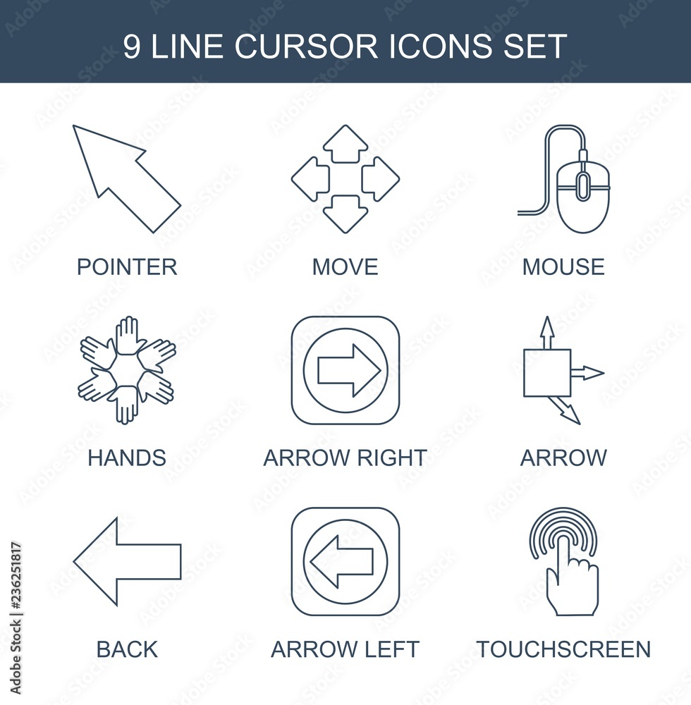 Poster cursor icons. set of 9 line cursor icons included pointer, move, mouse, hands, arrow right, arrow, b