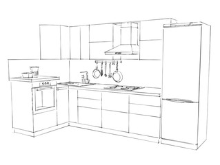 Sketch of kitchen interior with wall-mounted chimney cooker hood, built-in oven, hob, sink, tap, refrigerator and utensils hanging rack. Front view. 